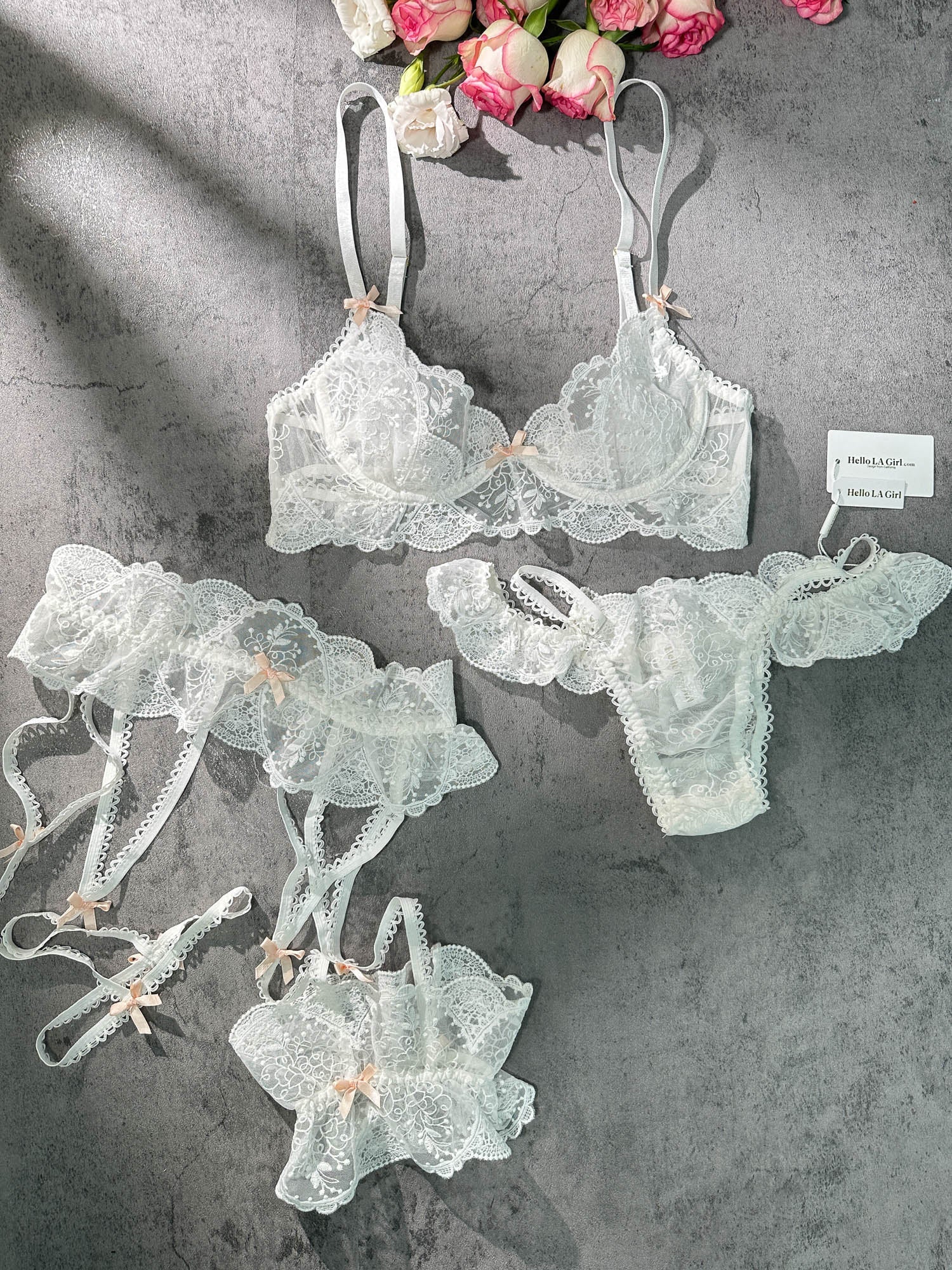 Sexy White Lace See Through Lingerie Set 3Pc Garter Belt Hello.LA.Girl